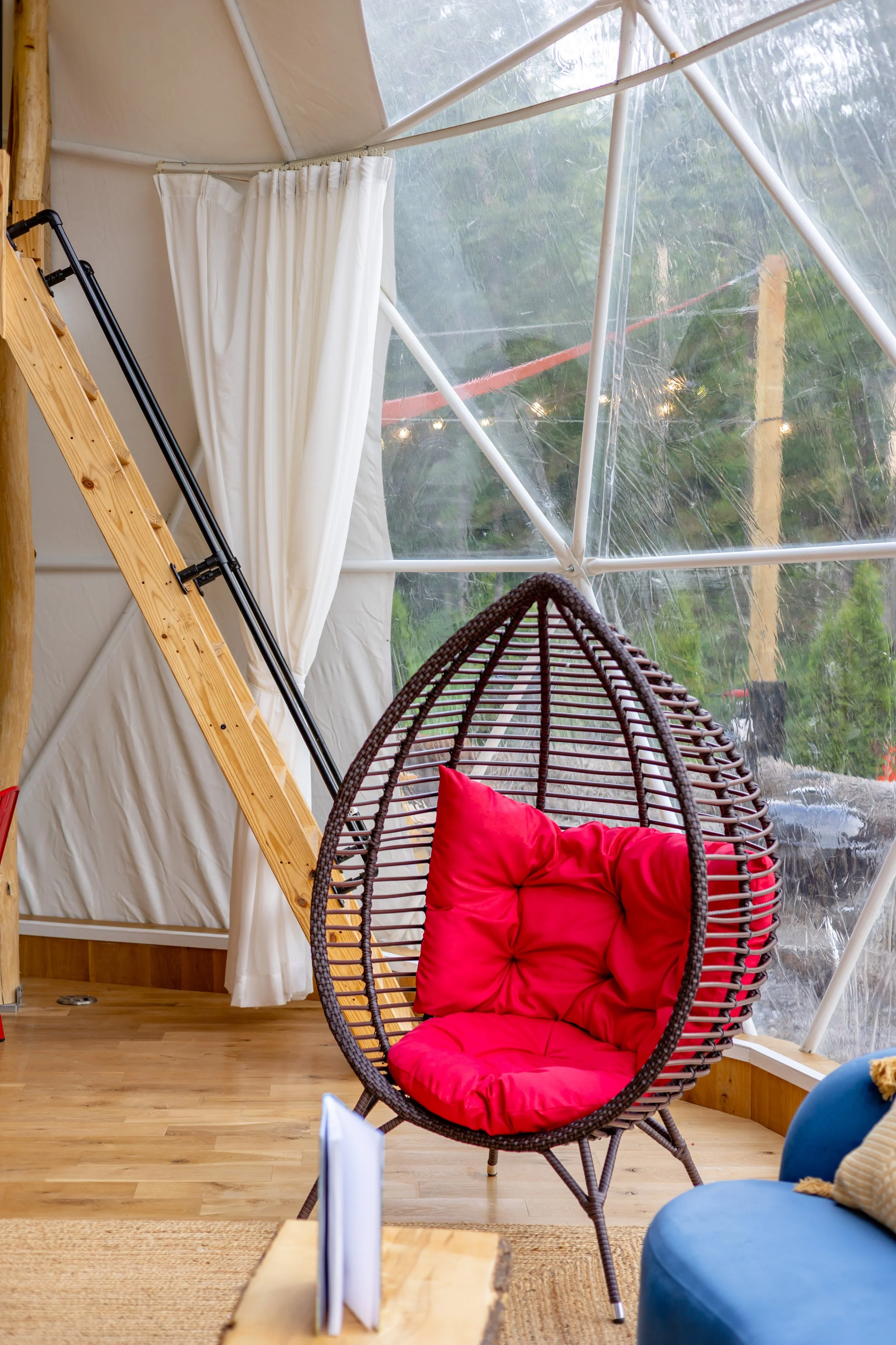 Interior of a cozy, modern geodesic dome living space with a hanging rattan chair with a red cushion, a wooden staircase, a blue sofa, and a large window showing outdoor trees and rain.