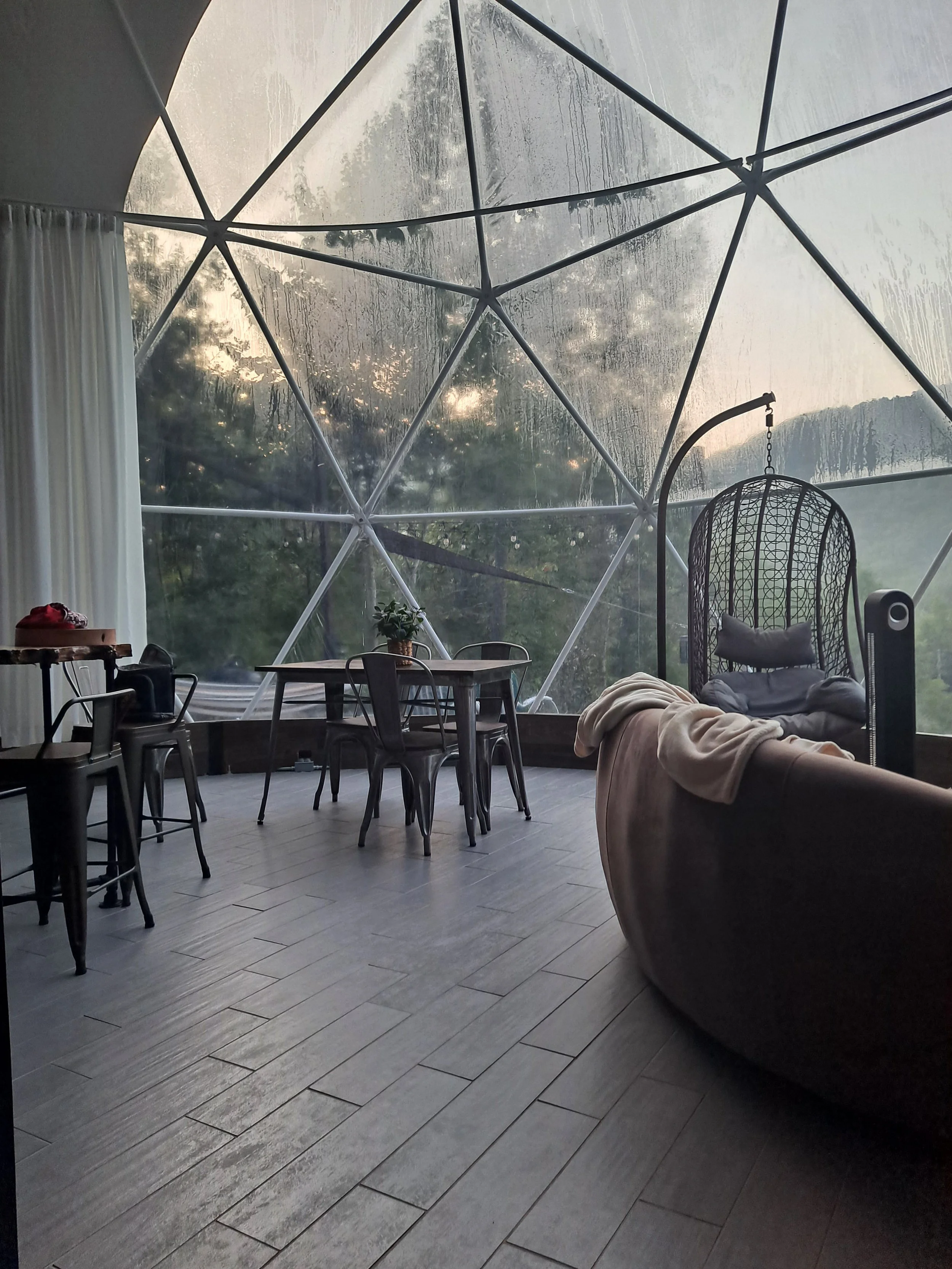 Interior of a geodesic dome with a view of trees outside, featuring a dining table with chairs, a hanging chair, a standing fan, and a beige sofa with a blanket.