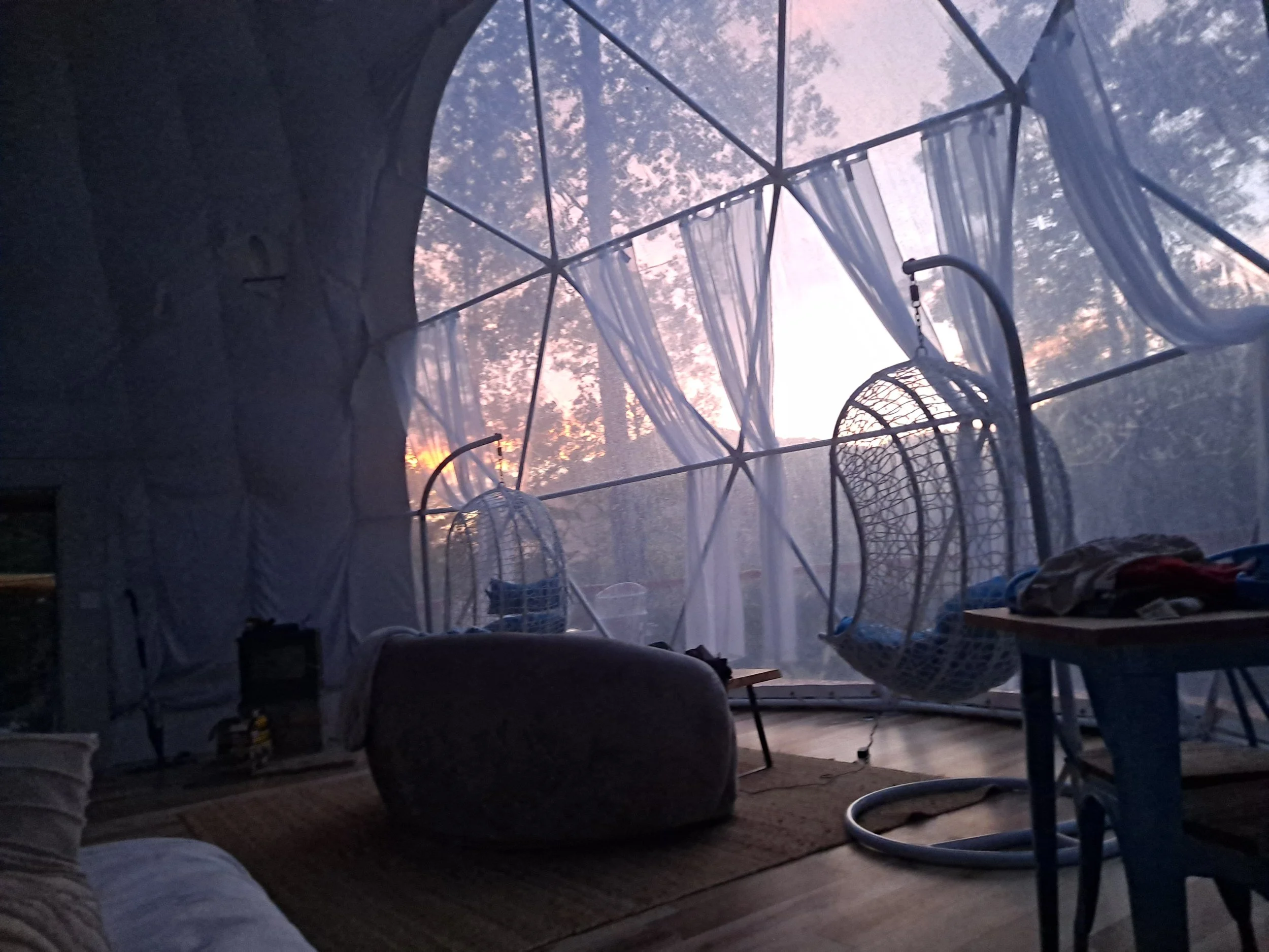 Sunset view through a screened porch with hanging egg chairs and draped sheer curtains, showing outdoor trees and sky.