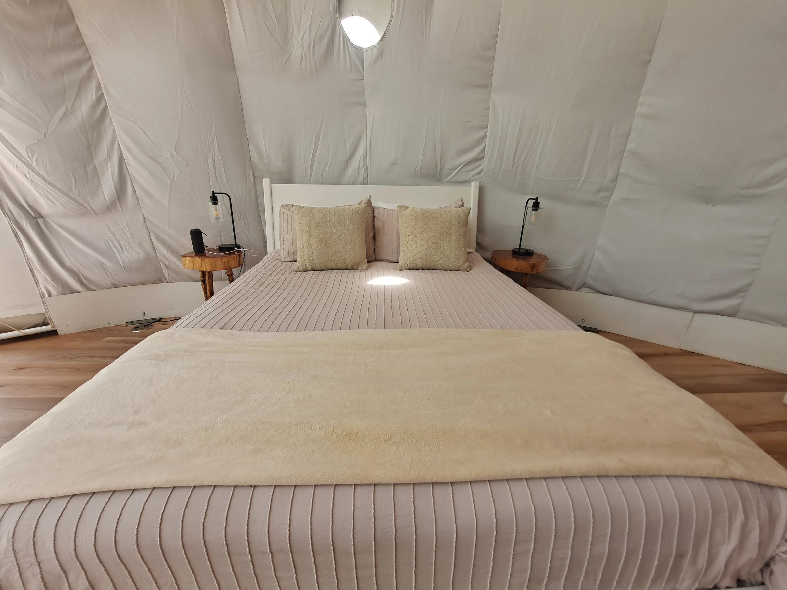 A cozy bed with beige and cream bedding in a minimalist room. The bed has a white headboard, two beige pillows, and a cream blanket. There are two wooden nightstands on each side, each with a black desk lamp and items like an alarm clock and a phone.