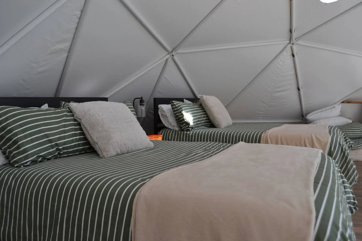 Three beds with green and white striped bedding in a dome-shaped room with textured white walls.