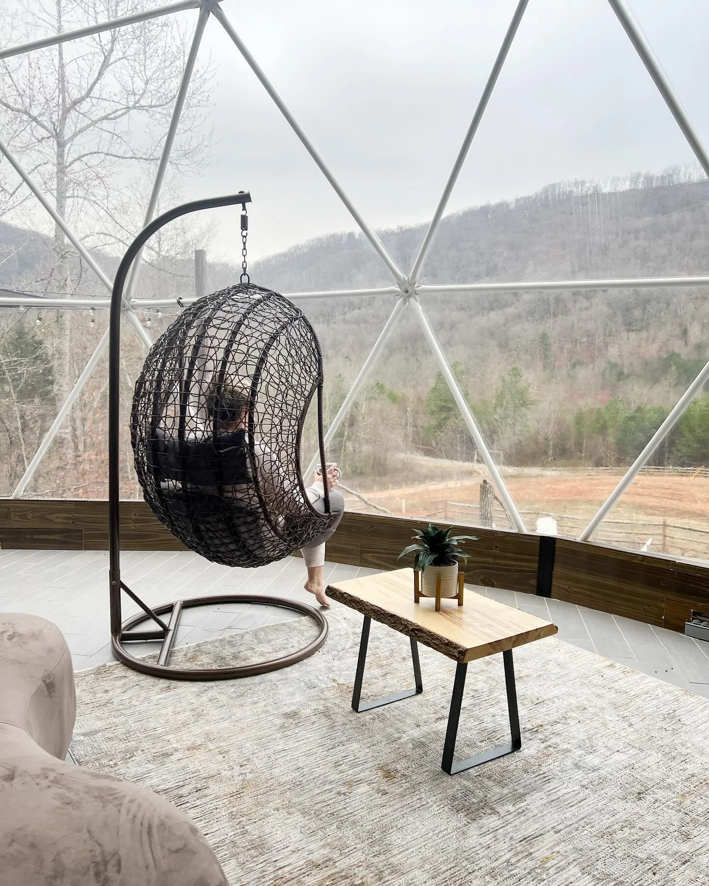 A person sitting in a hanging wicker egg-shaped chair on a wooden balcony, looking at a tablet, with a mountain landscape visible through large glass windows behind them.