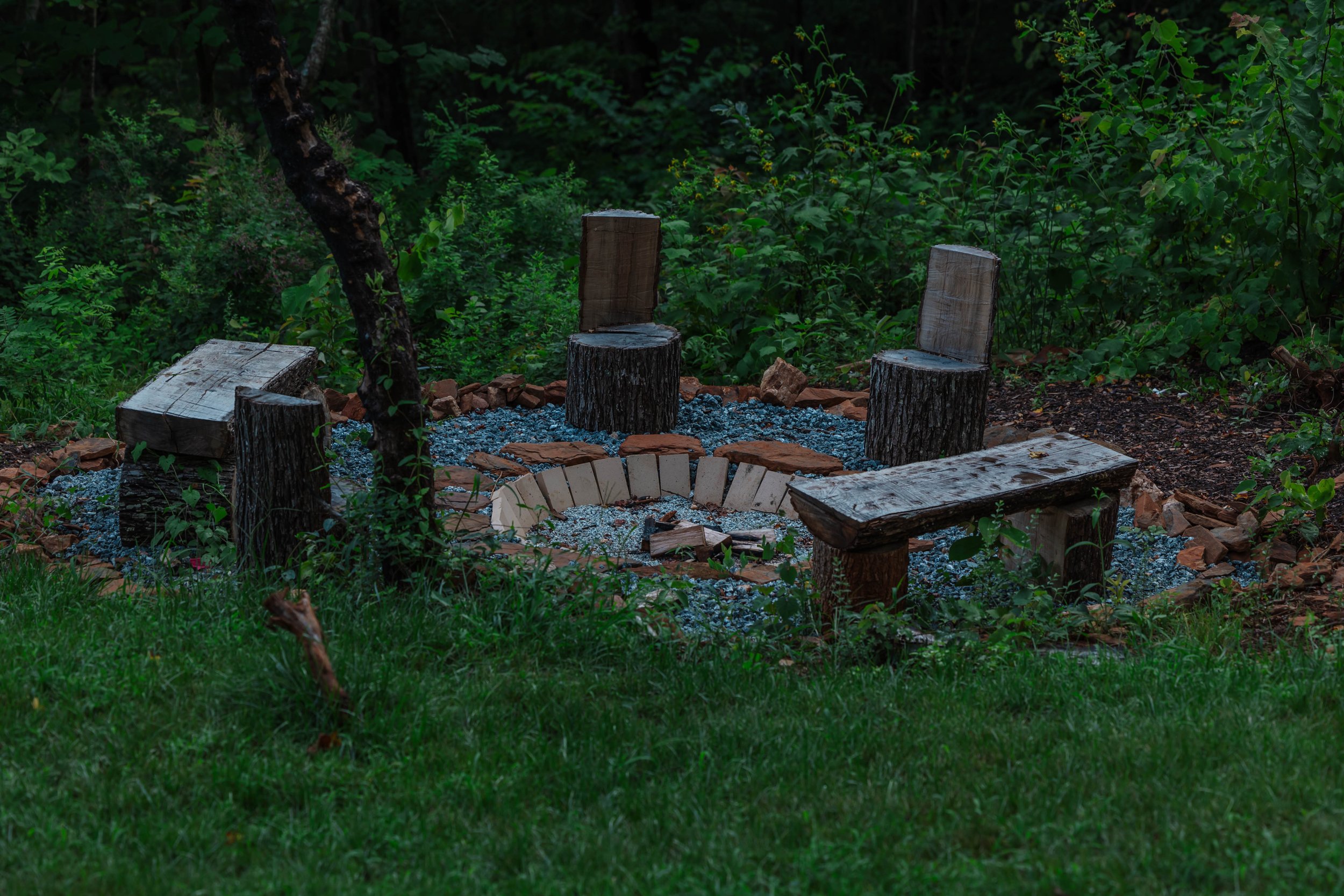A rustic outdoor fire pit with a circular brick border surrounded by four wooden benches and wooden stumps, set in a lush, green forest area.
