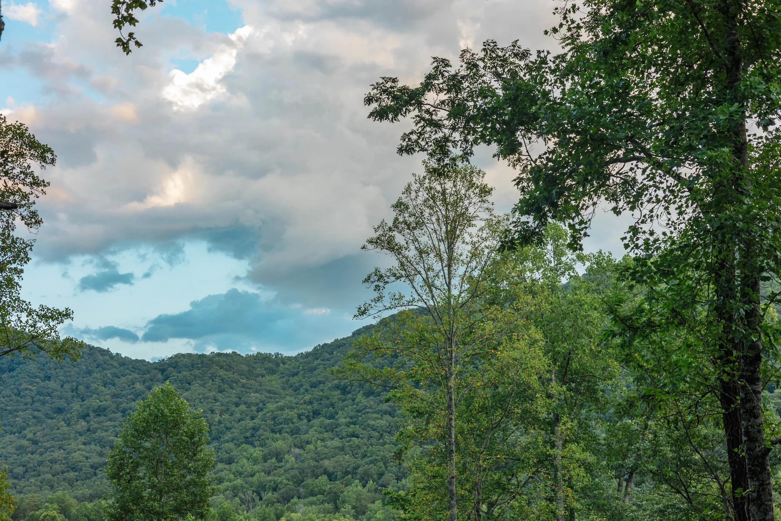 View of green forested hills under a partly cloudy sky.