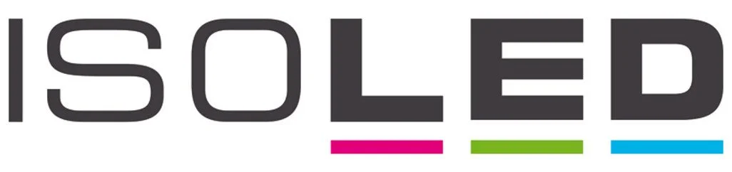 Logo mit dem deutschen Text 'ISOLED' in großen schwarzen Buchstaben und farbigen Linien darunter, Pink, Grün, Blau.