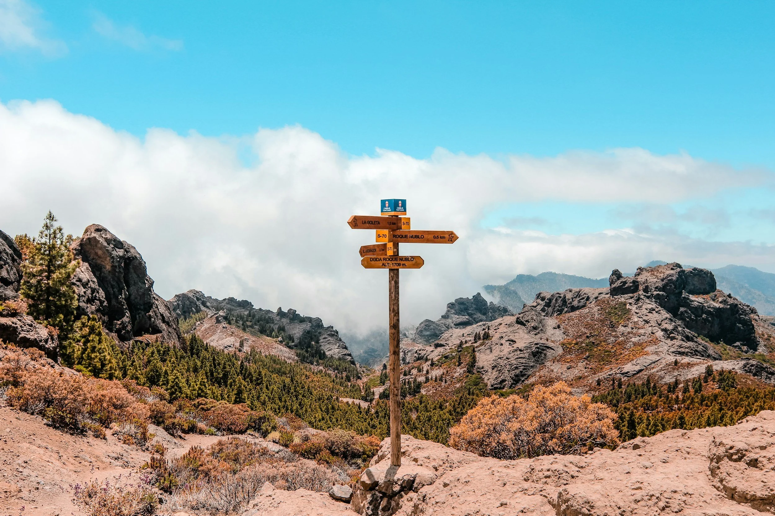Mountain trail signpost with multiple directional signs, surrounded by rocky terrain, trees, and clouded sky.
