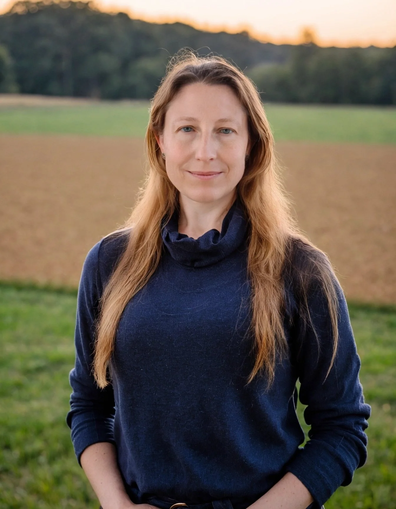 A woman with long blonde hair wearing a navy turtleneck sweater standing outdoors in a field at sunset.