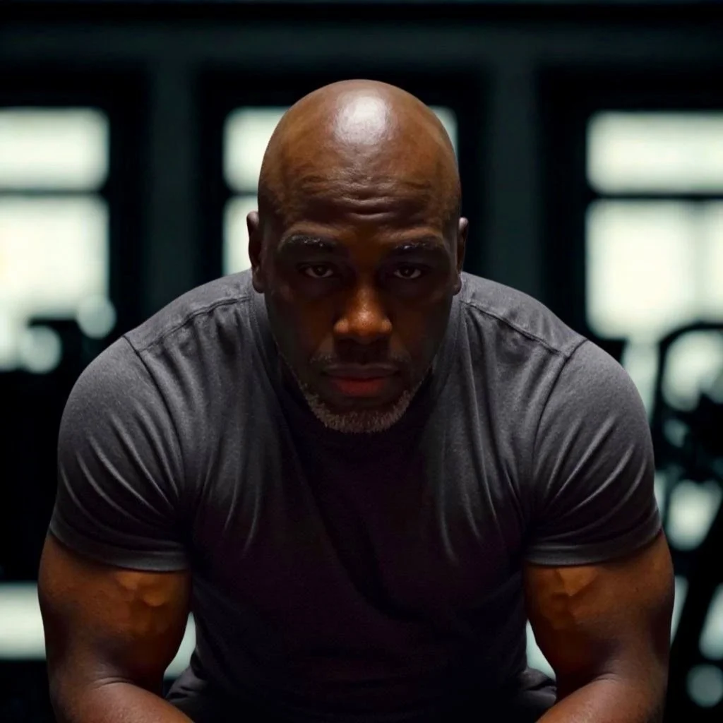 A determined bald man in a gray T-shirt leaning forward in a gym or workout space. Picture of Taj sitting