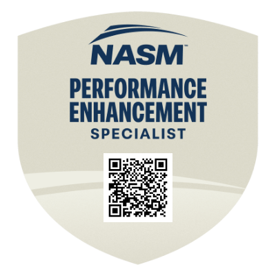 Badge for NASM Performance Enhancement Specialist certification with a QR code.