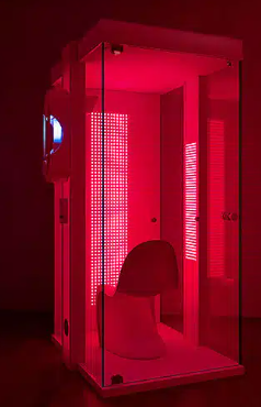 A small enclosed room with pink lighting, containing a toilet and mirrored walls