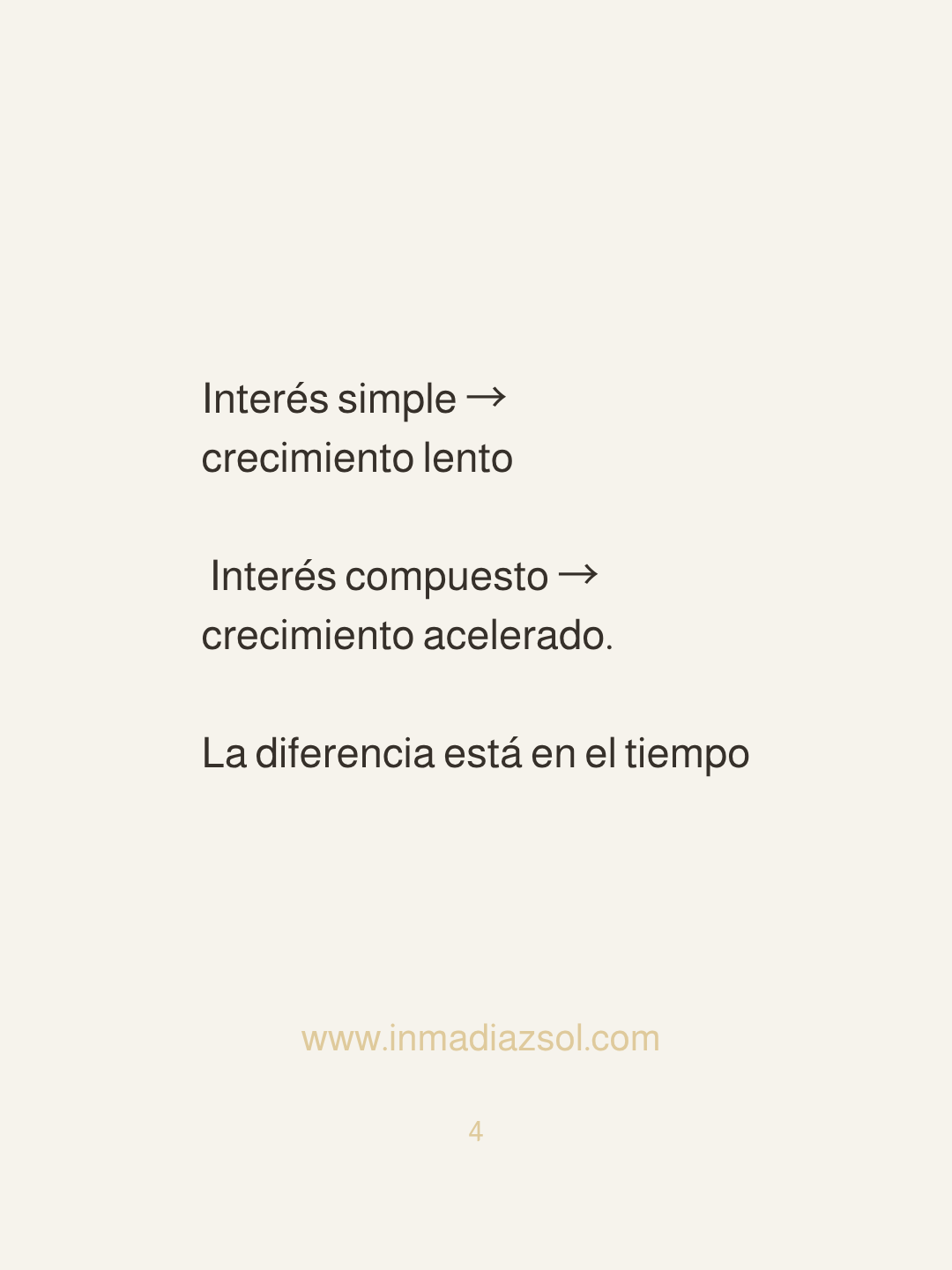 Texto en una página que explica la diferencia entre interés simple y compuesto, mencionando el crecimiento lento en interés simple y el crecimiento acelerado en interés compuesto, y que la diferencia está en el tiempo. También incluye una dirección w