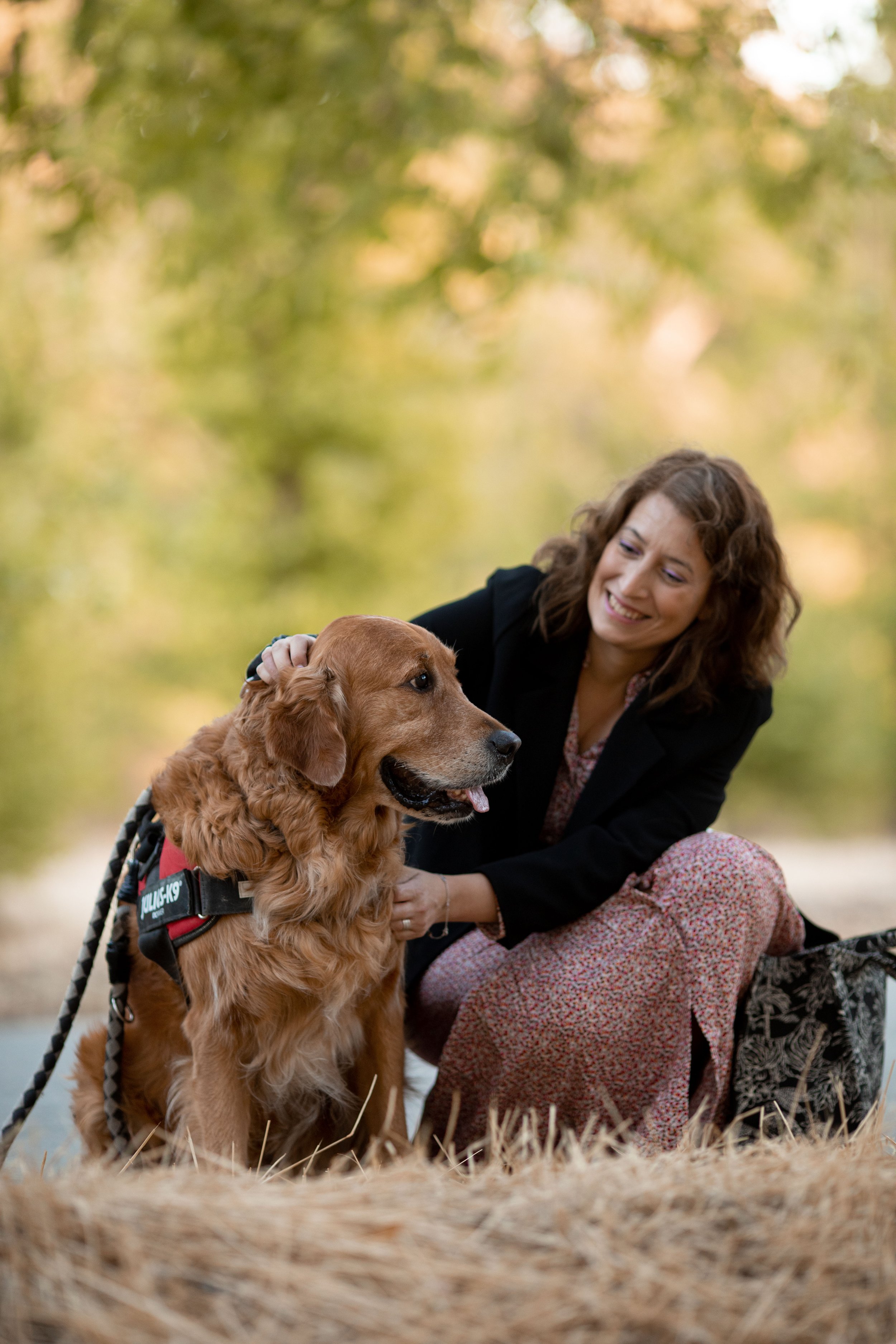 Mujer sonriendo con un perro gran danés en un parque con árboles y césped en el fondo.