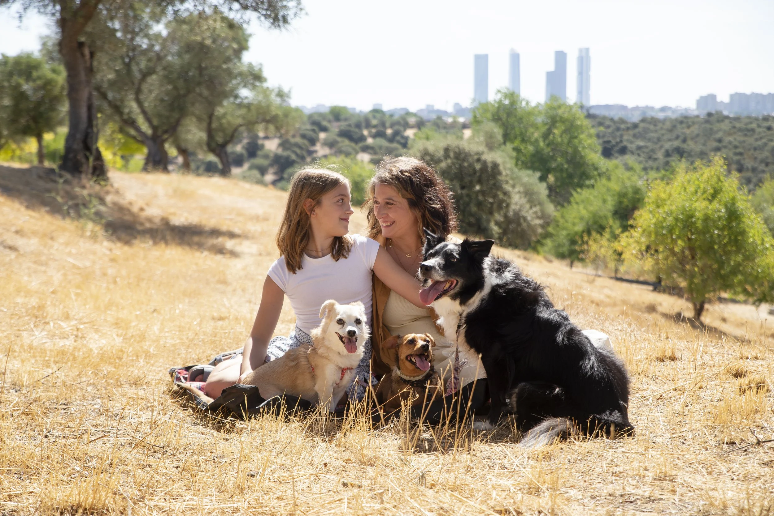 Una mujer y una niña con cuatro perros en un campo soleado con árboles y una ciudad en el fondo.