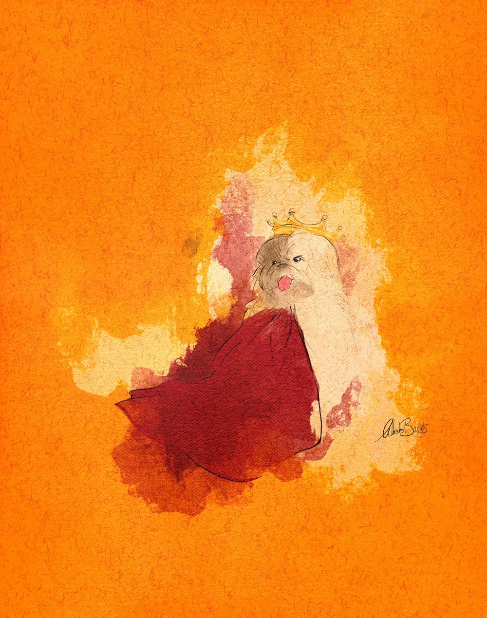 Ilustración de un perro con corona y capa roja, con fondo en tonos anaranjados, en estilo acuarela