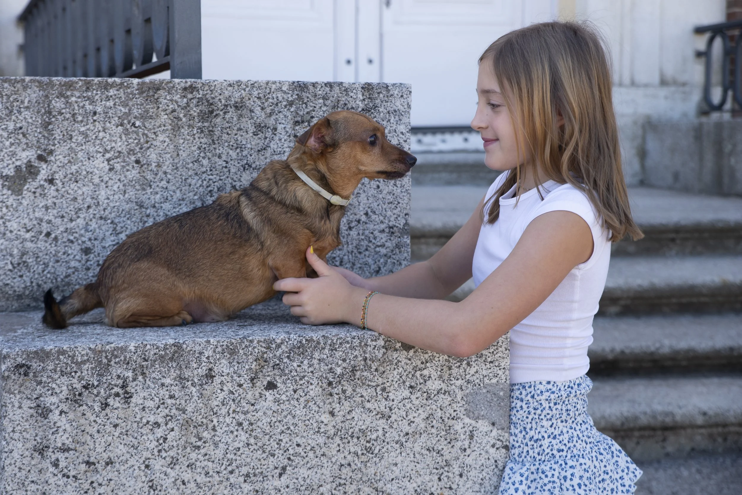 Una niña joven con blusa blanca y falda de color azul con puntos blancos, acaricia a un perro en una escalera de piedra.