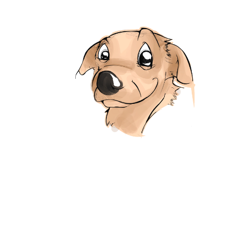 Dibujo de la cabeza de un perro con expresión amigable y ojos grandes.
