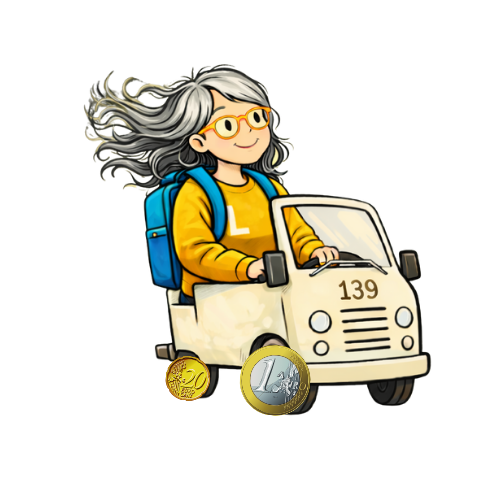 Ilustración de una niña con gafas y cabello gris, con mochila azul, conduciendo una pequeña motocicleta blanca, acompañada de monedas de oro y plata.