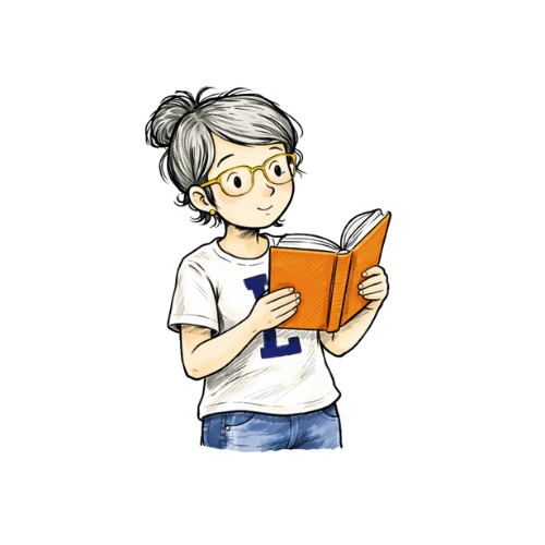 Ilustración de una mujer joven con gafas, cabello gris atado en un moño, leyendo un libro naranja.