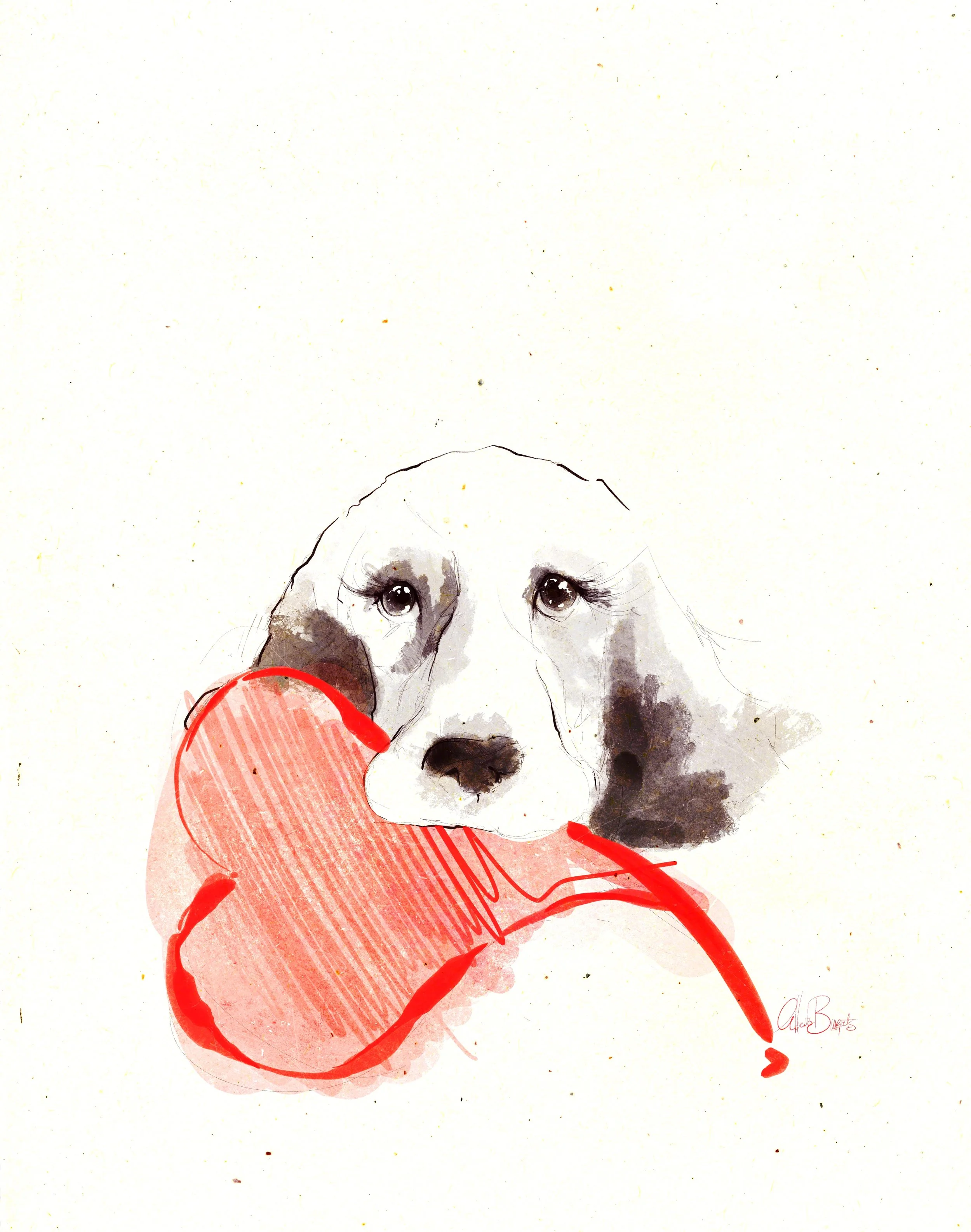 Dibujo de un cachorro con orejas caídas y ojos grandes, sosteniendo un corazón rojo