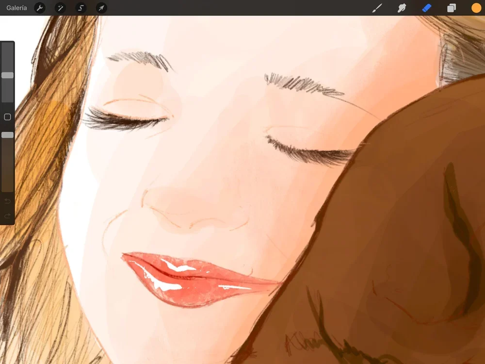 Ilustración digital de una mujer con ojos cerrados, cabello rubio y labios rojos, con una expresión tranquila y feliz.