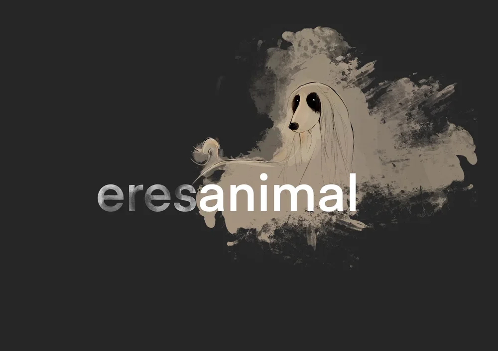 Dibujo de un animal parecido a un perro con un fondo artístico y el texto 'eres animal'