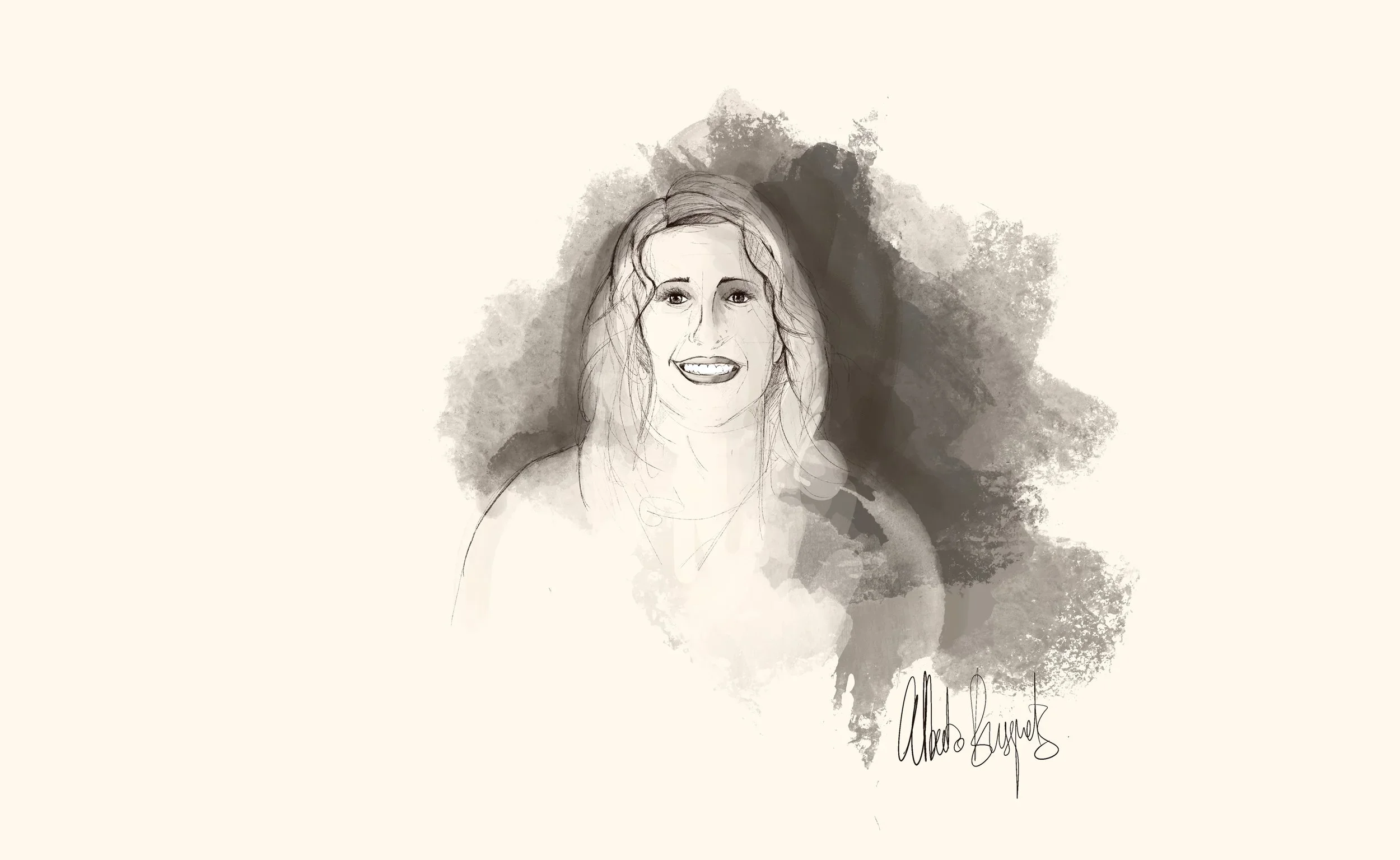 Retrato en estilo acuarela de una mujer sonriente con cabello largo y ondulado, firma en la esquina inferior derecha.