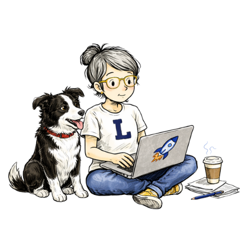 Una mujer emprendedora con gafas y cabello gris sentado en el suelo usando un portatil  con un dibujo de un cohete en la pantalla, acompañada de un perro Border Collie negro y blanco, frente a una mesa con una taza de café y un cuaderno.