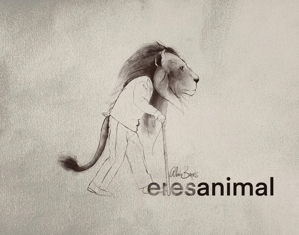 Dibujo de una persona caminando con un león en lugar de cabeza, con la palabra 'el animal' debajo.