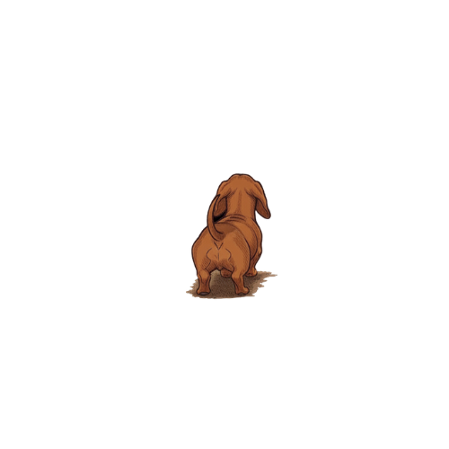 Ilustración de un perro visto desde atrás, sentado en el suelo, con líneas y etiquetas que parecen ser parte de una infografía o instrucción.