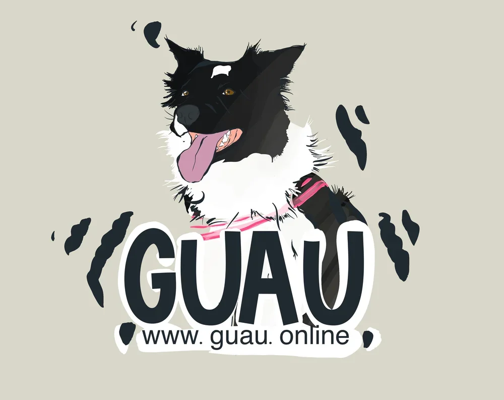 Ilustración de un perro Border Collie con expresión alegre y lengua afuera, acompañado del texto 'GUAU' y la dirección web 'www.gauu.online'.