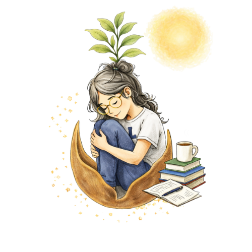 Una joven sentada en una media luna, abrazándose con ojos cerrados. Tiene gafas, cabello gris y lleva una camiseta blanca. Hay una planta creciendo en su cabeza y un sol brillante en el fondo. También hay una taza y  varios libros.  Reinvención.