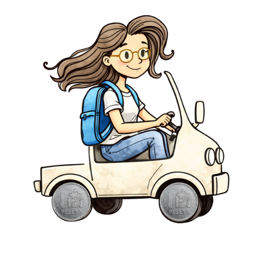 Dibujo de una chica con gafas, mochila azul, conduciendo un cochecito con monedas en la base.