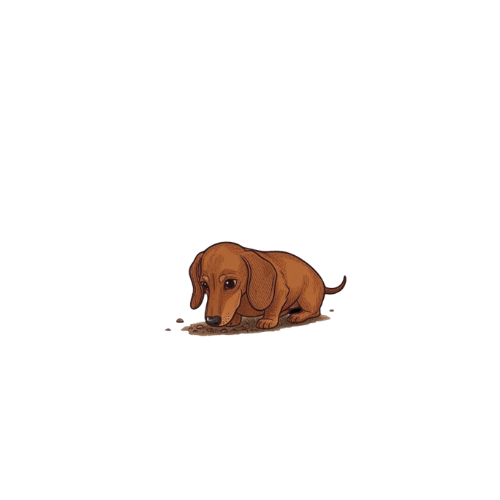 Un perro pequeño y marrón acostado en el suelo, mordiendo algo con atención.