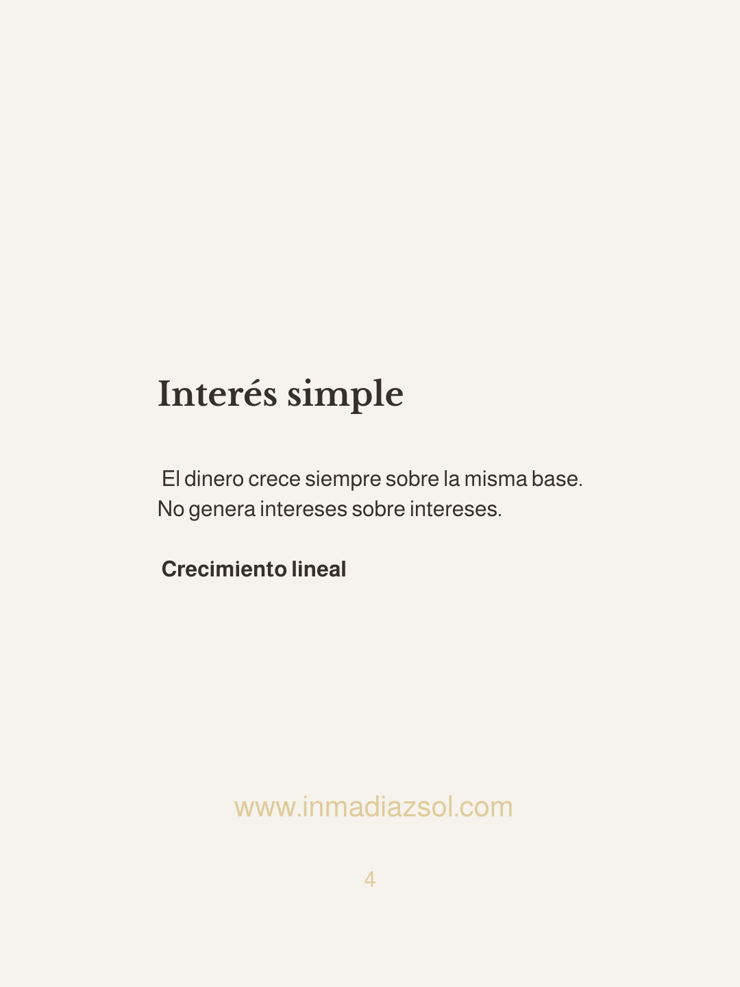 Página de un libro con texto en español que habla sobre interés simple, crecimiento lineal, y un sitio web www.inmadiazsol.com.