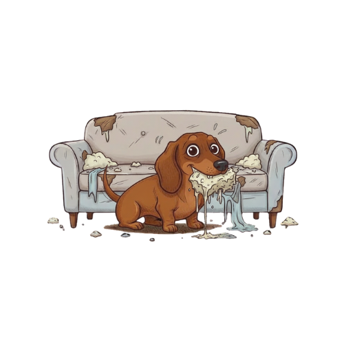 Un perro raza beagle con cara triste, con baba y comida en la boca, sentado frente a un sillón roto y sucio.