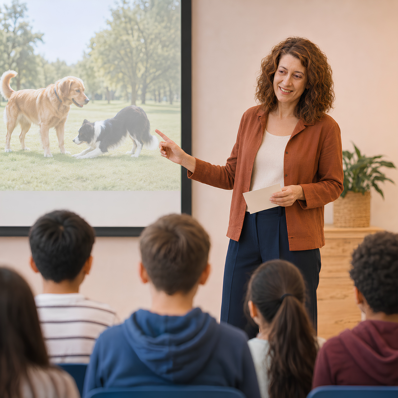 Mujer dando una presentación sobre perros a un grupo de estudiantes en un salón, con una pantalla que muestra perros en un parque exterior.
