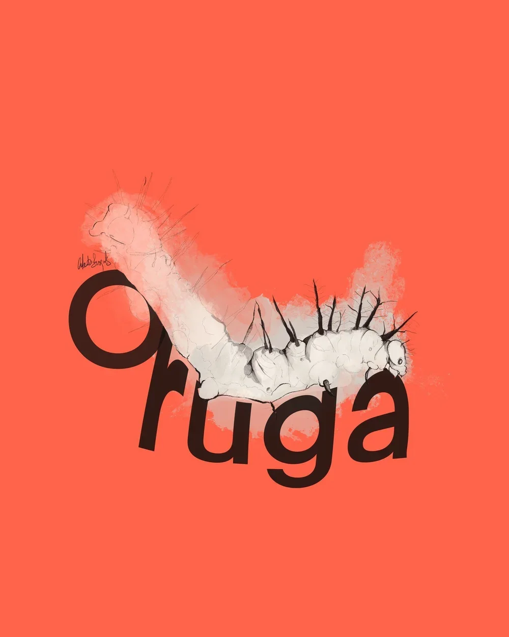 Ilustración de una oruga con colores en tonos claros y negras algunas patas, sobre un fondo naranja con la palabra 'oruga' en letras negras grandes y tachadas.