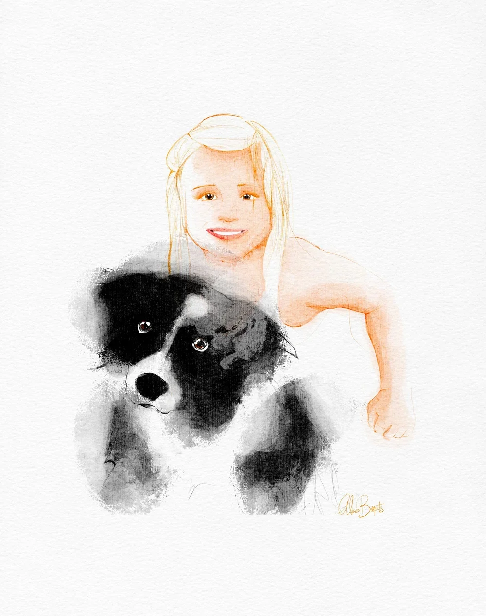 Dibujo artístico de una niña rubia sonriendo con un perro de raza dálmata.