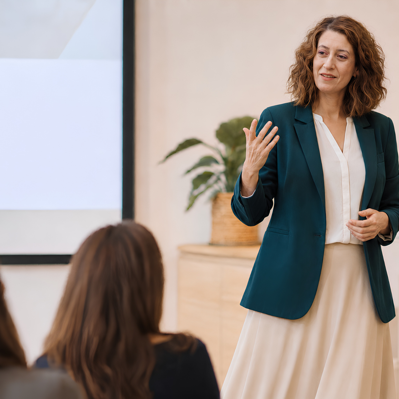 Mujer de cabello rizado y cabello castaño claro, vestida con chaqueta azul y blusa blanca, dando una charla frente a audiencia en una sala de conferencias.