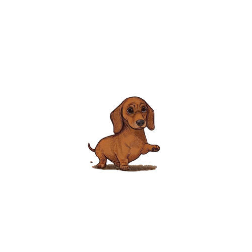 Dibujo de un perro raza Dachshund sentado frente a una línea de códigos de colores y líneas de programación en fondo negro.