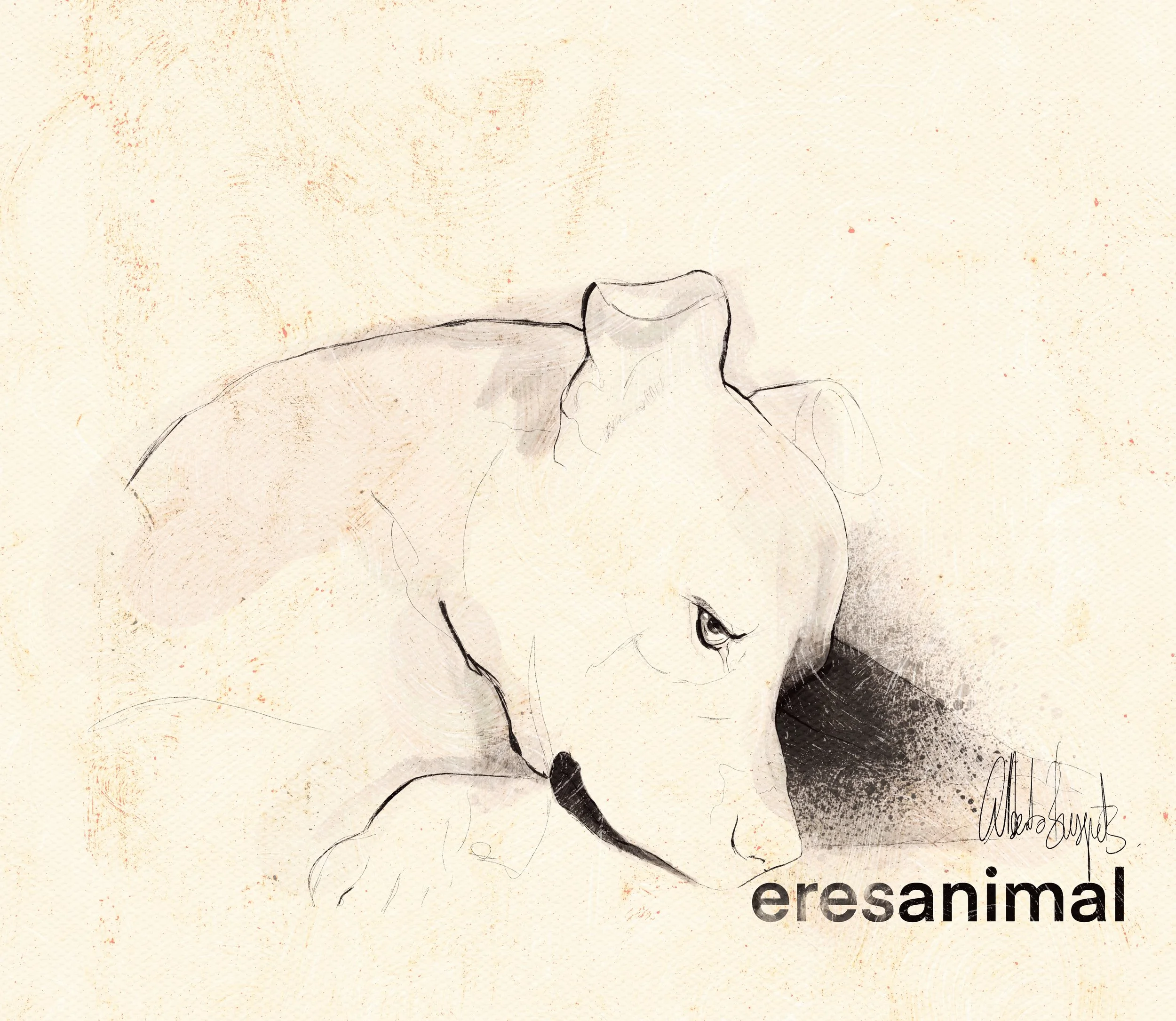 Dibujo minimalista de un erizo, en tonos grises y negros, con el texto 'erizanimal' en la esquina inferior derecha.