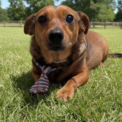 Perro marrón pequeño con un lazo en el cuello, acostado en el césped en un parque con árboles y cercas de madera en el fondo.
