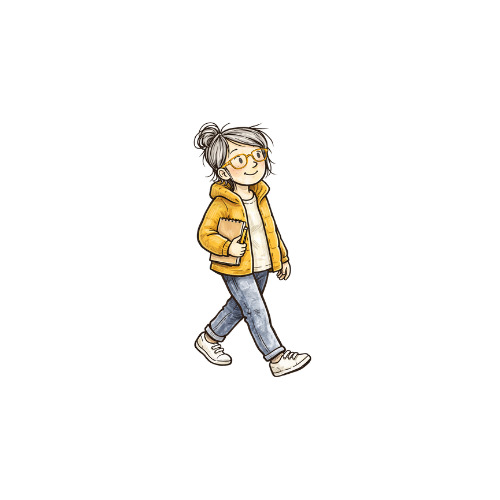 Ilustración de una niña con gafas, cabello gris y peinado en dos coletas, usando una chaqueta amarilla y jeans, caminando con una computadora portátil.