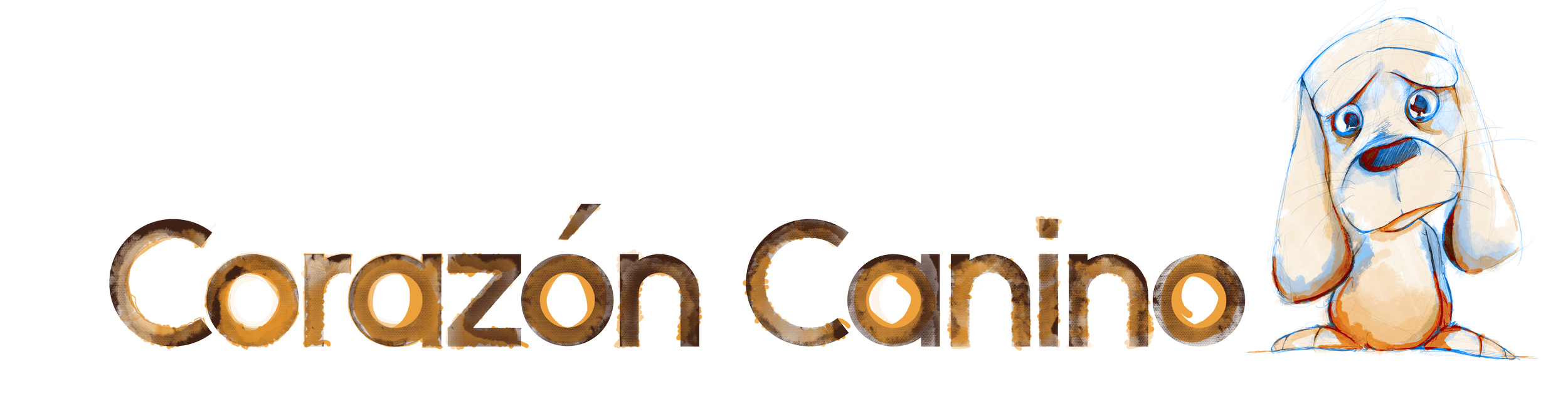 Logo de Corazón Canino con letras en tonos marrón y dorado y un dibujo de un perrito con expresión triste en el extremo derecho.