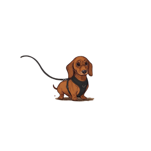 Dibujo de un perro salchicha con arnés, sentado, con una correa que se extiende hacia la izquierda.