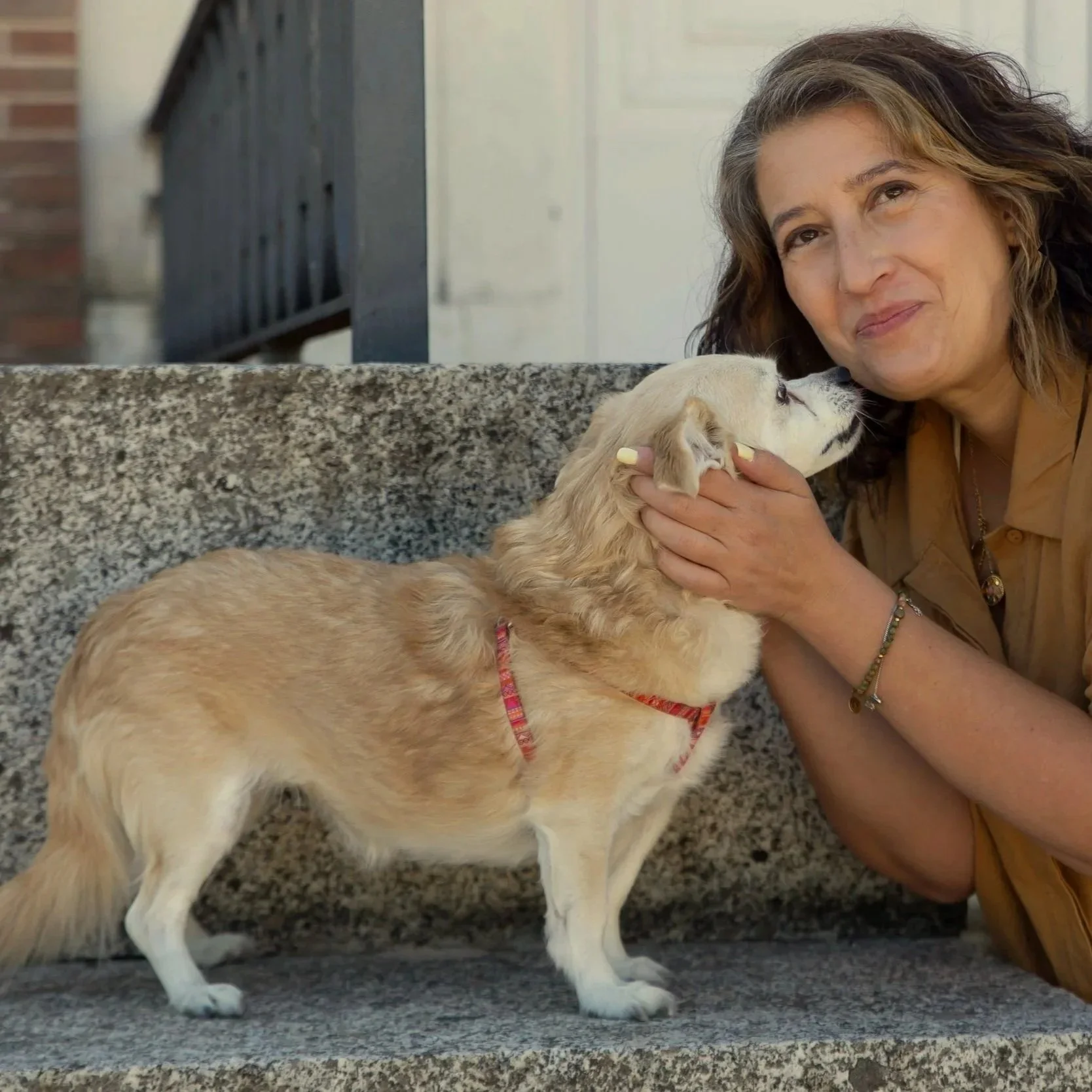 Mujer acariciando a un perro pequeño sobre un banco de piedra.