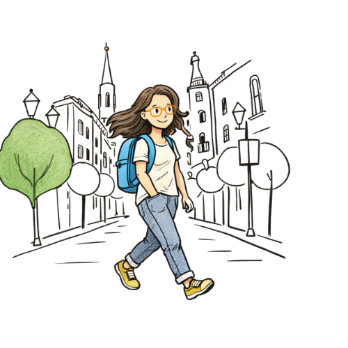 Joven mujer con gafas, mochila azul, camiseta blanca, jeans y zapatos deportivos caminando por una calle urbana con árboles y edificios en el fondo.