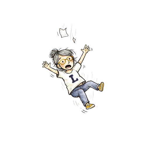 Dibujo de una niña con gafas, peinada en coletas, cayendo por una escaleras con expresión de miedo o sorpresa.