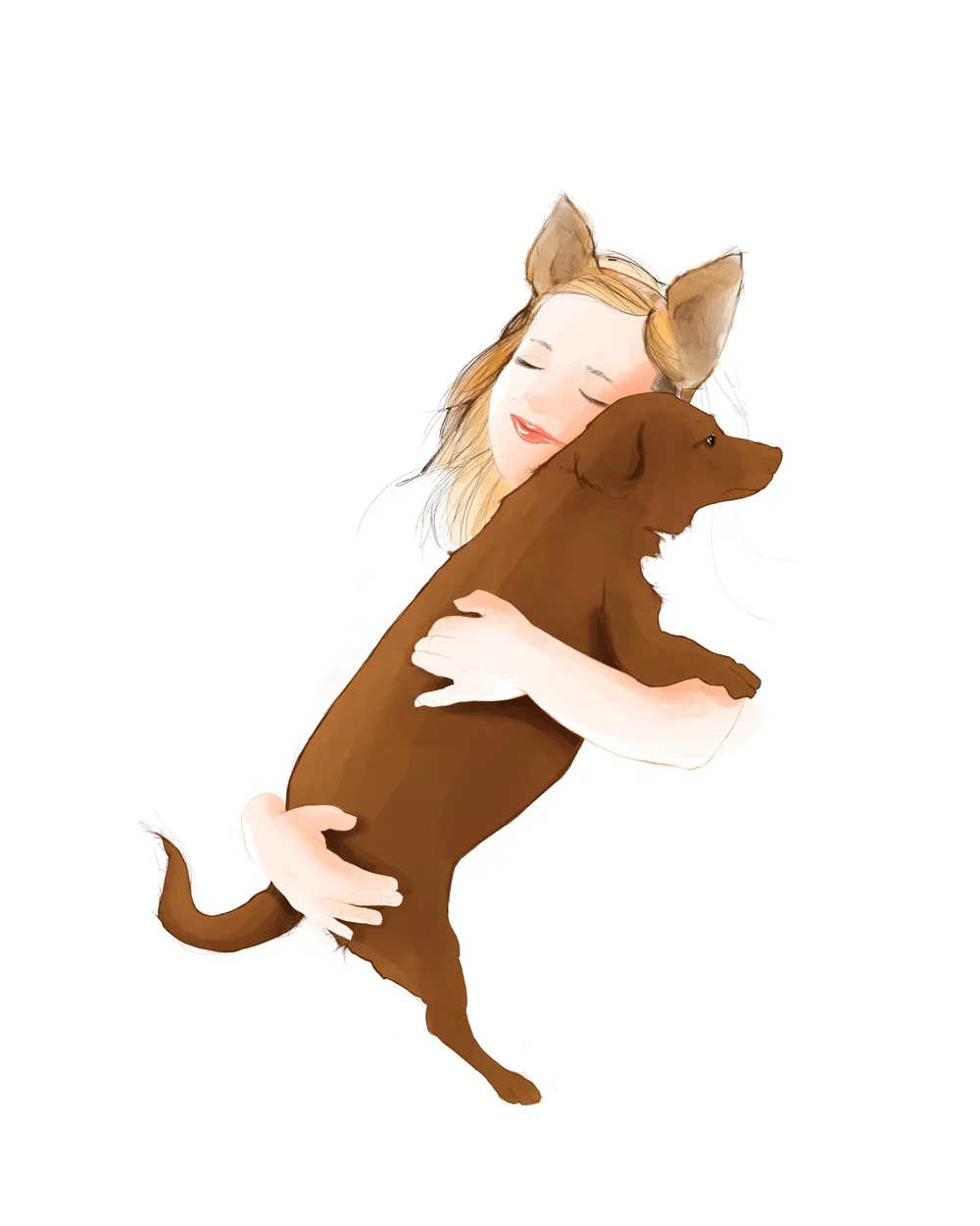 Ilustración de una mujer con orejas de perro abrazando a un perro marrón.