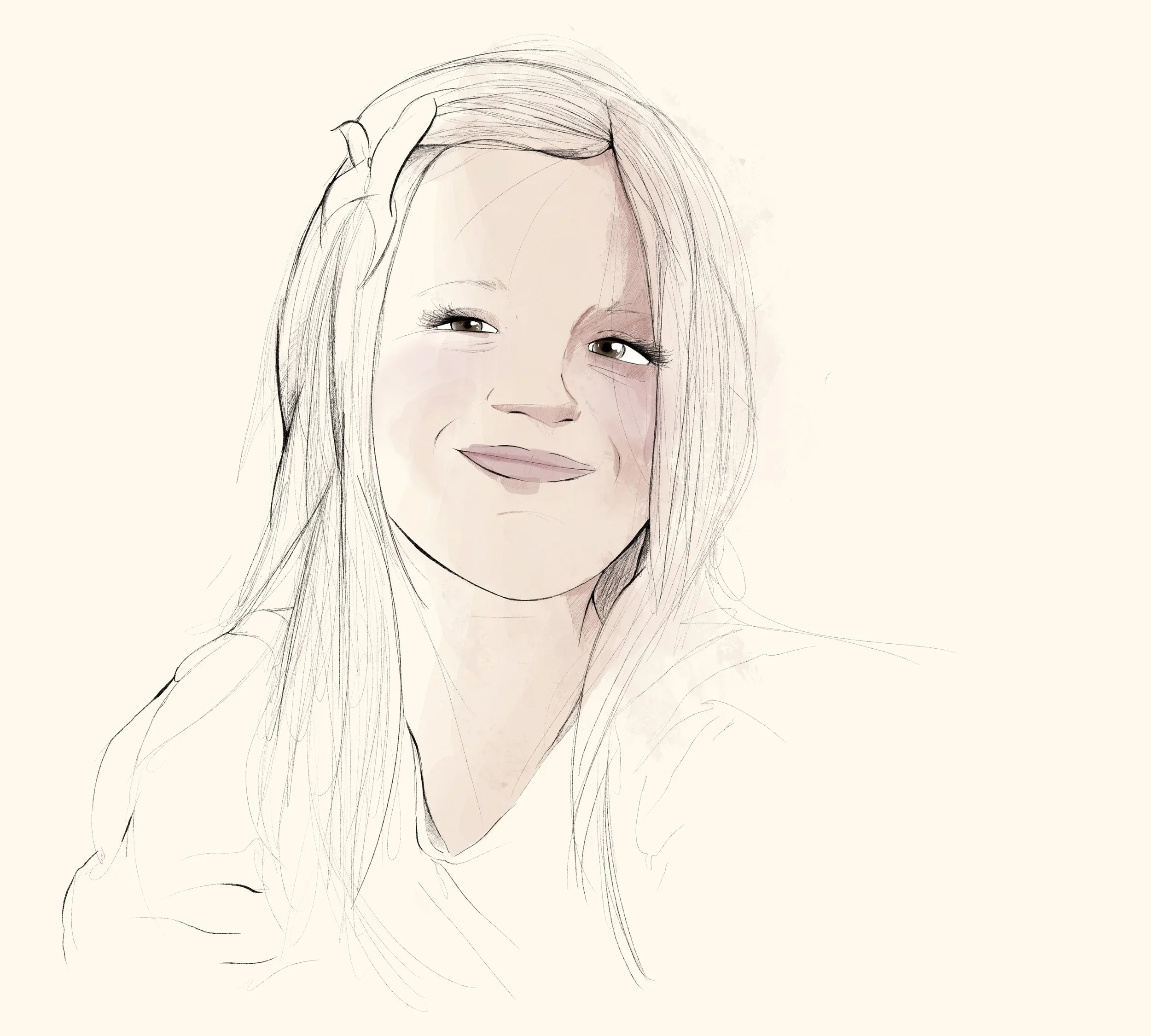 Boceto digital de una mujer de cabello largo y rubio, sonriendo, con un fondo claro.